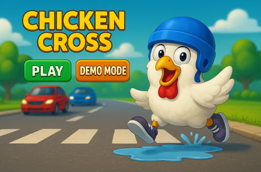 Chicken Cross demo mode gameplay with chicken dodging cars and obstacles