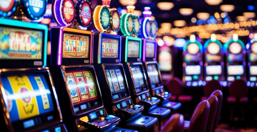 Colorful pokie machines lining a vibrant casino floor, flashing lights and spinning reels creating an exciting and lively atmosphere