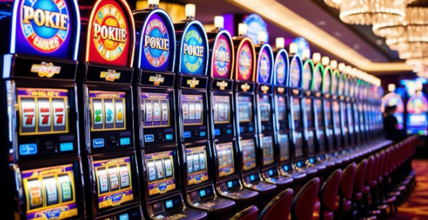 Colorful pokie machines lining a vibrant casino floor, flashing lights and spinning reels creating an exciting and lively atmosphere